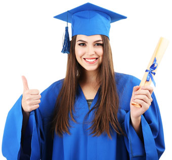 A woman in blue graduation gown holding a diploma.